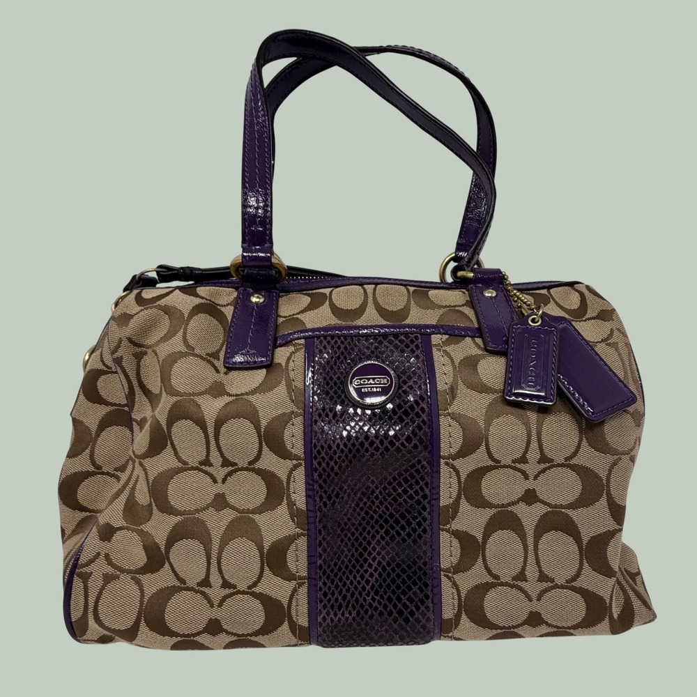 Coach Signature Canvas Purple Snakeskin Trim Satchel Bag F24884 Brown Purple